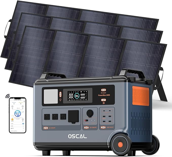 OSCAL PowerMax 6000 Solar Generator with 3×400W Solar Panel, 120V/240V Split Phase Voltage 6000W AC Outlets (7200W Peak), 2200W AC Charging/2400W Solar Charging, Emergency for Home, Battery Backup