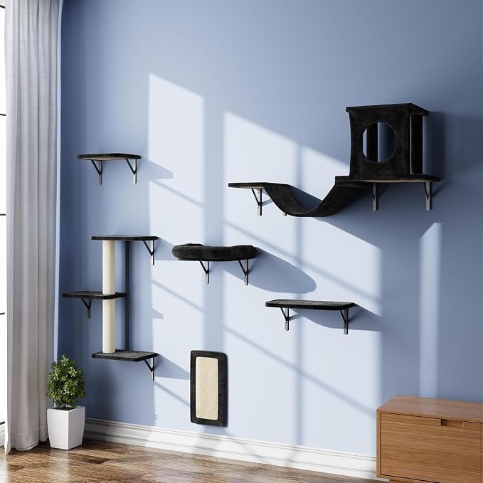NUNU LAB Wall Mounted Cat Furniture Set - 6 Pcs Climber Set with House, Bridge, Steps, Scratcher Board - DIY Walls Playground, Indoor Cat Shelves - Black