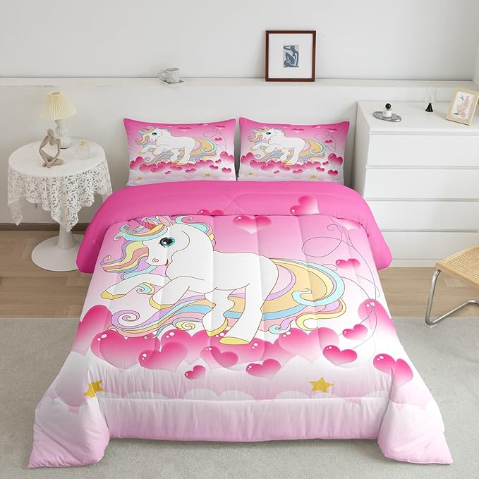 Girls Unicorn Comforter Set King Girly Fantasy Rainbow Unicorn Bedding Set for Kids Little Girls, Pink Love Heart Duvet Sets Dreamy Horse Cartoon Magical Animal Down Comforter with 2 Pillowcases