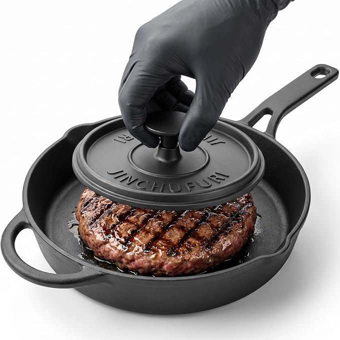 Cast Iron Skillet Set 10 Inch Pre-Seasoned Frying Pan with Burger Press | 8 Inch Grooved Smash Burger Press for Bacon, Heavy Duty Grill Pan for Gas Stove, Oven, BBQ and Campfire