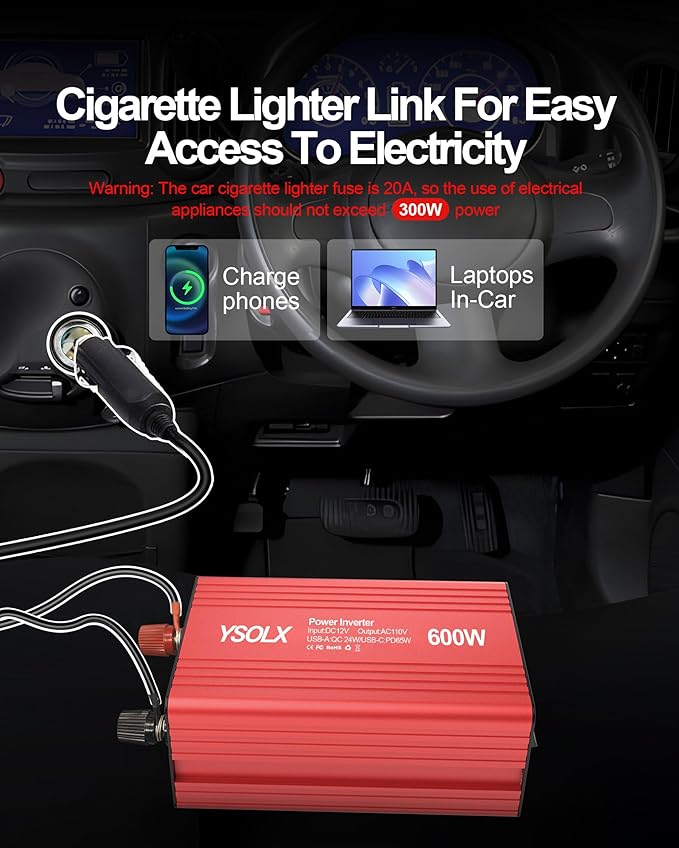 YSOLX 600W Power Inverter, DC 12V to 110V AC Car Inverter with Dual USB C/A Fast Car Charger Adapter(Updated)