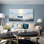amatop Oversized Framed Coastal Wall Art for Living Room Blue Boat Moon Sea Picture Landscape Canvas Print Calming Night Ocean Lake Scene Large Artwork Nautical Bedroom Office Wall Decor 58x29 In