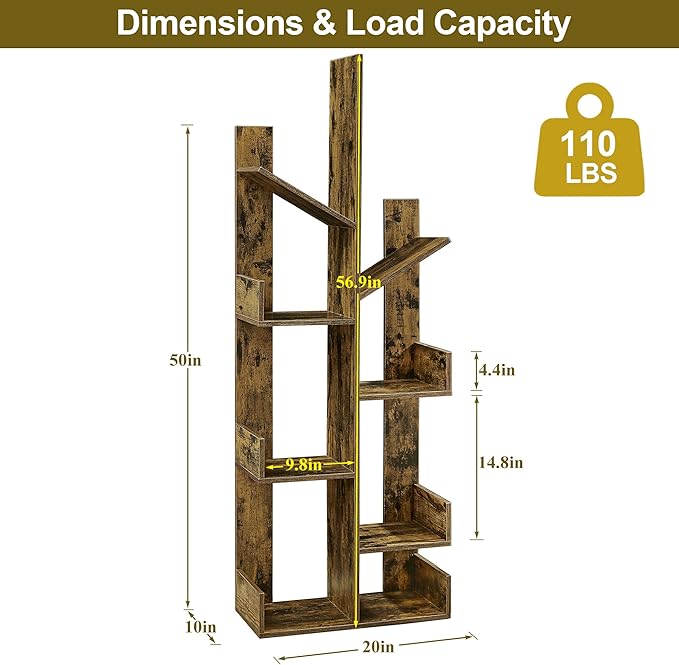 VECELO 8 Shelf Tree Bookcase,Wooden Tree Bookshelf Display with 8 Storage Shelves,Tree-Shaped Shelf Racks Organizer for Books,Magazines,CDs Decors for LivingRoom Bedroom Home Office,Rustic Brown