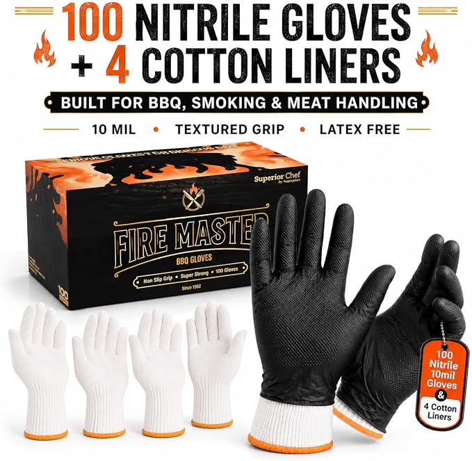 BBQ Gloves Disposable, 100 Count + 4 Cotton Liners, 10 Mil Tear Resistant | Nitrile Diamond Grip, Heat Resistant for Grilling Smoking Cooking, Food Safe, Latex Free, Heavy Duty Meat Handling, X-Large