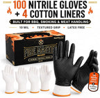 BBQ Gloves Disposable, 100 Count + 4 Cotton Liners, 10 Mil Tear Resistant | Nitrile Diamond Grip, Heat Resistant for Grilling Smoking Cooking, Food Safe, Latex Free, Heavy Duty Meat Handling, X-Large