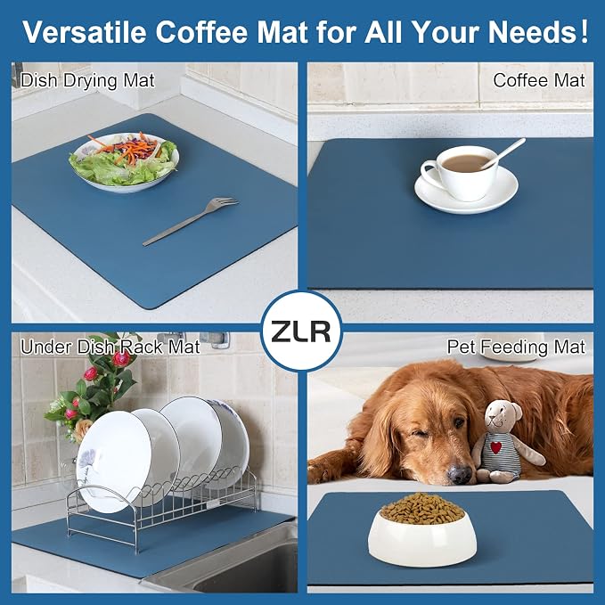 ZLR Large Coffee Bar Mat for Coffee Station, 16"x24" XL, Navy Blue | Oversized Counter Protector, Absorbent Dish Drying Mat, Fits Espresso, Grinder, Frother & Cup Display, Hides Stains