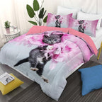 Cat Comforter Set Queen Size for Kids Pink Feathers Black Cat 3Pcs Bedding Set for boys and Girls (1Summer Comforter+ 2 Pillowcases) Lovely Animal Pets Duvet Set