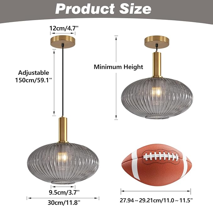 KCO Vintage Gold Brass 11.8” Large Smoke Gray Ribbed Glass Pendant Light | E26 Base, Oval Lantern Shade, Mid Century Modern Adjustable Hanging Lamp for Kitchen Island Dining Room Entryway Bedroom Bar
