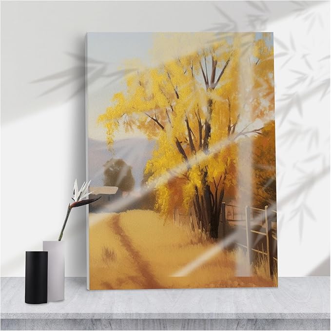 Warm Autumn Farm Lane Stretched Canvas Print,Serene Impressionist Landscape Golden Tree Rustic Fence Distant Buildings for Cozy Living Room,8''x12'' Framed Modern Canvas Wall Art