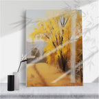 Warm Autumn Farm Lane Stretched Canvas Print,Serene Impressionist Landscape Golden Tree Rustic Fence Distant Buildings for Cozy Living Room,8''x12'' Framed Modern Canvas Wall Art