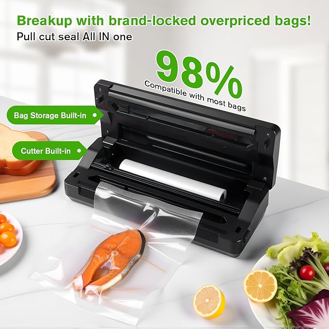 120W Power Vacuum Sealer for Food, Food Sealer Machine with 5 Molds include Dry, Moist, Pulse, Seal, Canister, Accessory, Built in Cutter & Vacuum Bags Storage, with 1 Bag Rolls