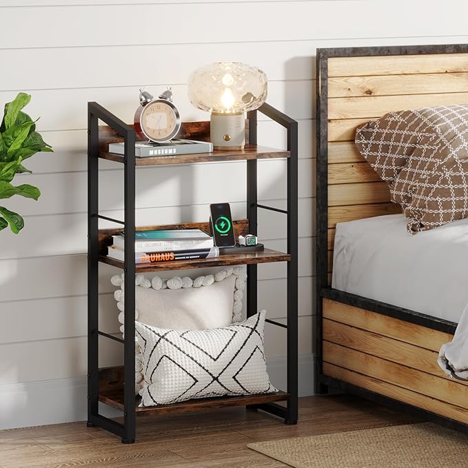 3 Tier Bookshelf: Small Modern Industrial Bookshelves for Bedroom, Short Bookcase Book Shelf for Small Spaces (Rustic Brown)