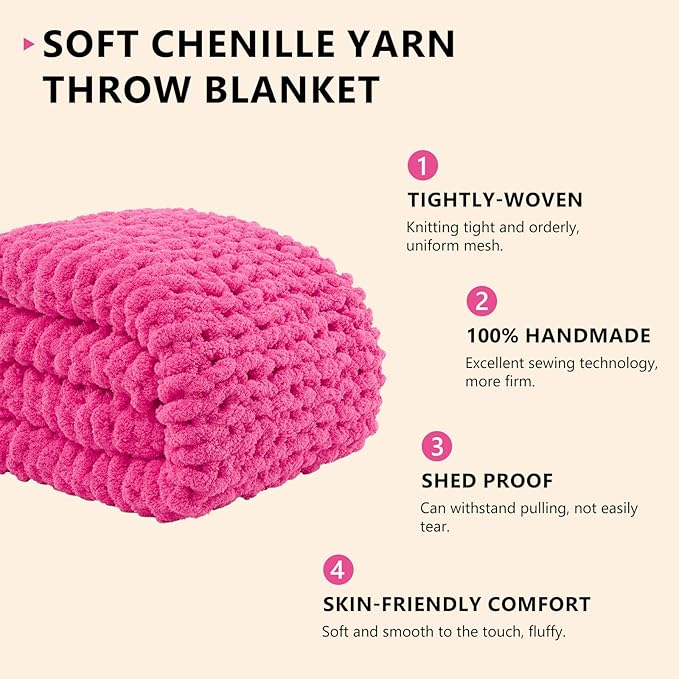 L'AGRATY Chunky Knit Blanket Throw: 50''x60'' Chenille Chunky Knitted Throw Blanket for Bed Couch - Handmade Thick Big Cable Knit Blankets - Large Crochet Rope Blanket for Home Decor(Hot Pink)