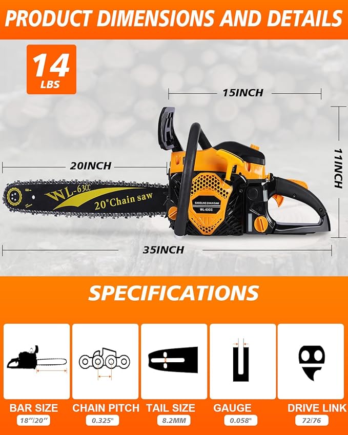 63cc Gas Powered Chainsaw, 3.2KW/3.2HP 2-Cycle Engine, 20-Inch Guide Bar, Professional Power Saw with CDI Ignition, Automatic Oiler & Anti-Vibration System for Heavy-Duty Use