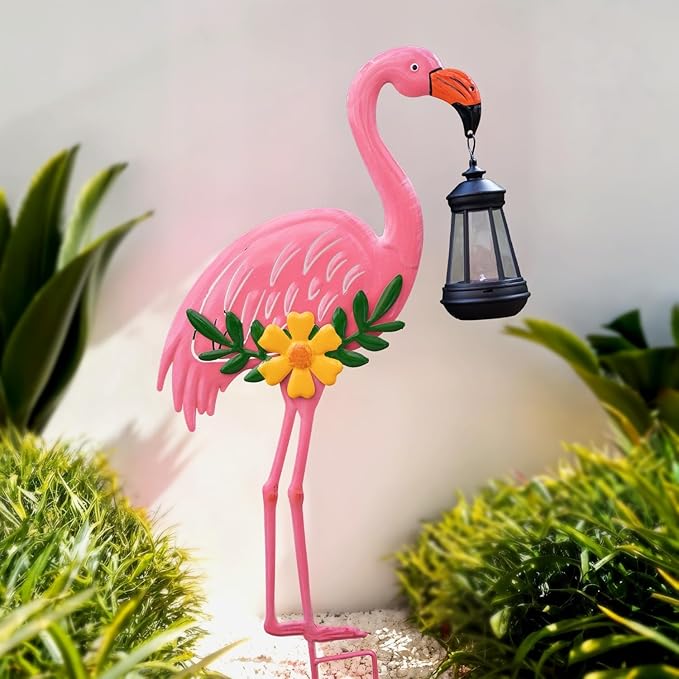 Metal Flamingo Stake with Solar Lantern, Garden Solar Animal Lights for Yard Patio Lawn Pathway Decor, Unique Gifts for Women Mom Grandma(Pink Flamingo)