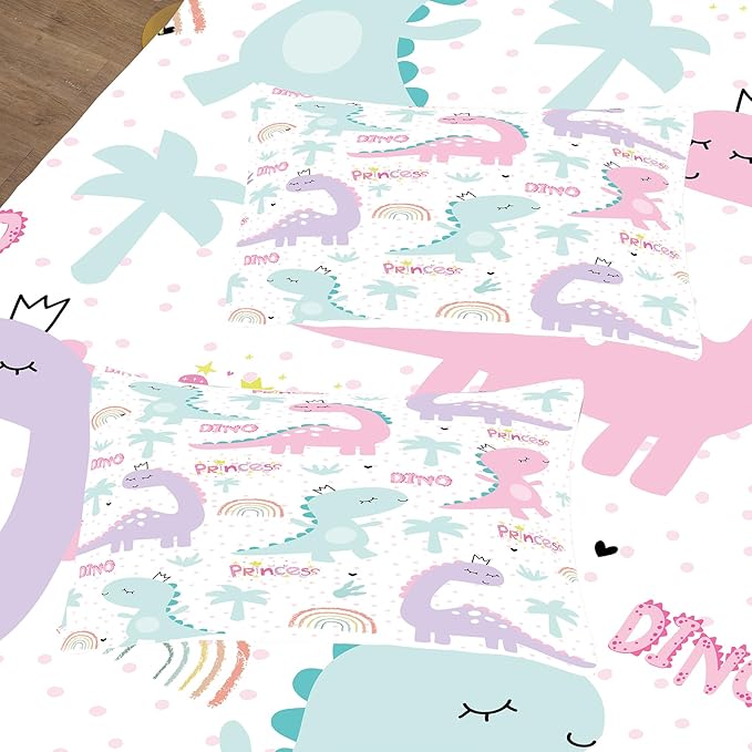 NINENINE Girls Queen Comforter Set,Dinosaur Comforter Sets for Boys Kids,Girls Queen Bedding Colorful Rainbow Little Dino Princess Bed Sets with 1 Comforter&2 Pillowcases