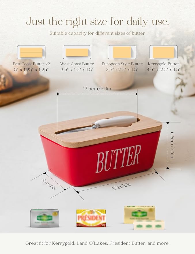 AISBUGUR Large Butter Dish with Lid Ceramics Butter Keeper Container with Knife and High- quality Silicone Sealing Butter Dishes with Covers Good Kitchen Gift Red 6.3 x 3.5 x 2.7 inches | Suitable Capacity, Great Sealing, Home Decor Kitchen Gift Housew...