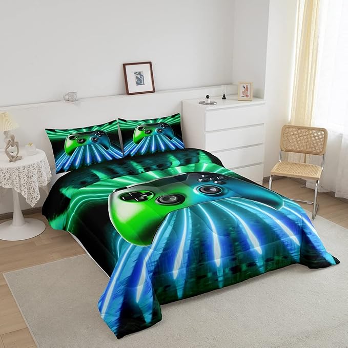 Erosebridal Green Blue Gamepad Comforter Set, Game Player Bedding Set Queen Size Modern Gamer Gaming Down Comforter Neon Trippy Quilt Set for Kids Boys Girls Teens Young Man Room Decorative