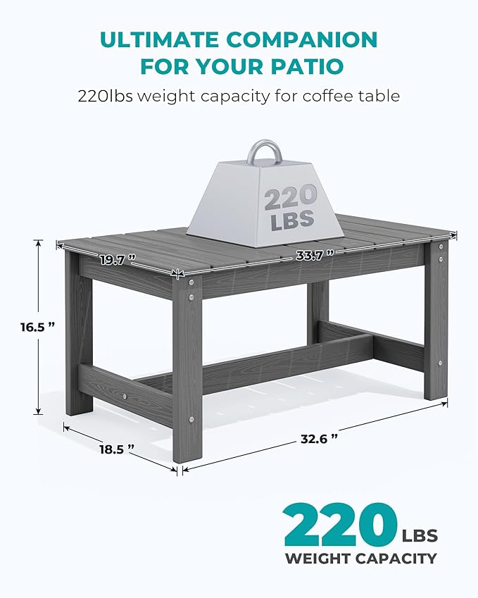 SERWALL Patio Coffee Table, HDPE Rectangle Outdoor Coffee Table Set of 2, Grey