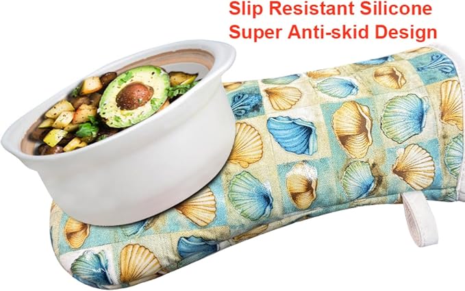 Oven Mitts Gloves 1 Pair Heat Resistant 480 ℉ Non Slip Clear Silicone Printed Shell Comfortable Cotton Lining Kitchen Men Cooking Barbecue Machine Washable (Shell, Beige Mitts)