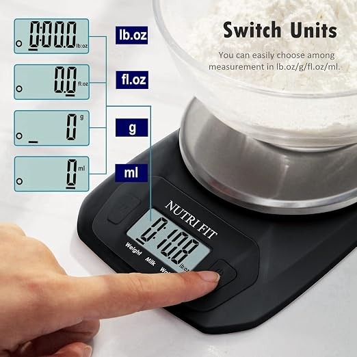 NUTRI FIT Digital Food Scale Small Kitchen Scales Weight in Grams and OZ for Cooking Baking Weight Loss, Stainless Steel Tare & Backlit LCD Display, Black