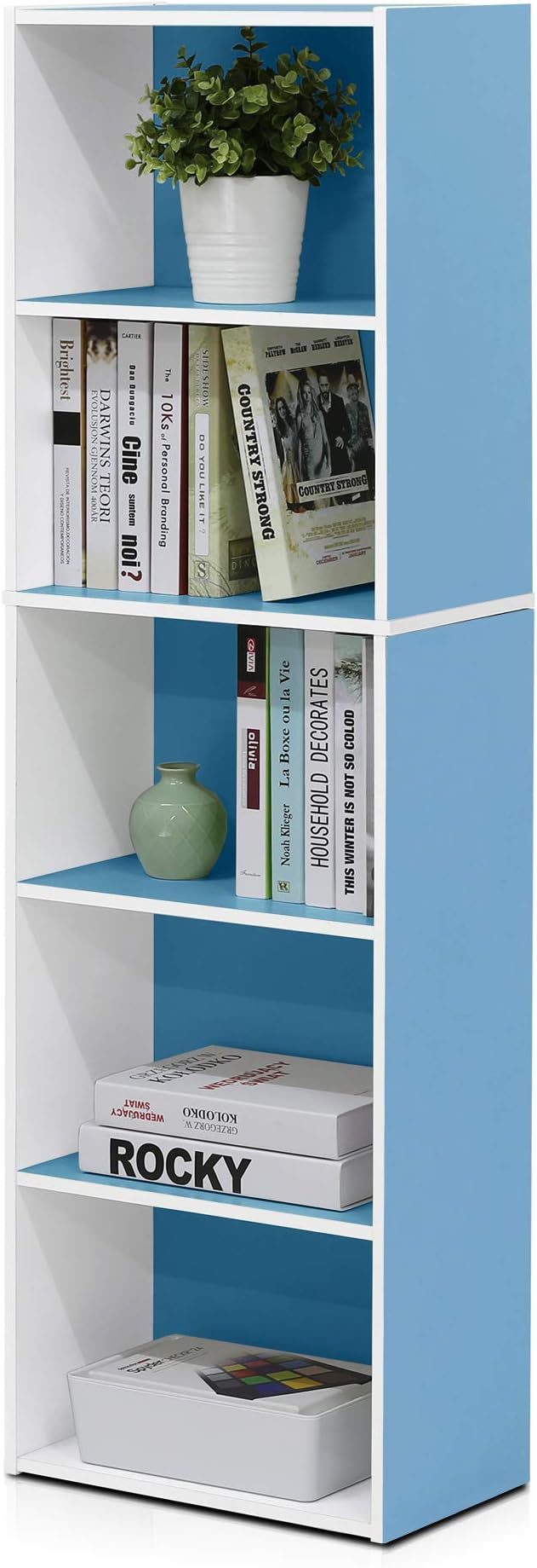 Furinno Luder Bookcase / Book / Storage , 5-Tier, White / Light Blue