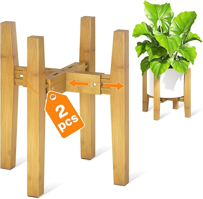 LASZOLA Bamboo Adjustable Plant Stand for Single Large Indoor Planters, Heavy Duty Floor Fern Holder Fits 8 to 12 Inch Pots, Mid Century Elevated Big Stool for Flower– Pot Not Included, Walnut, 2 Pack