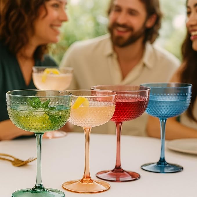 Khen Muted Hobnail Coupes Vintage Textured Pastel Style Cocktail Martini Champagne Saucer Retro Colored Glass Goblets Set of 4 10.15oz Durable Glassware Decorative Barware Classic Party Drink