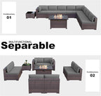 Kullavik 10 Pieces Outdoor Patio Furniture Set with 43" Gas Propane Fire Pit Table PE Wicker Rattan Sectional Sofa Patio Conversation Sets,Grey
