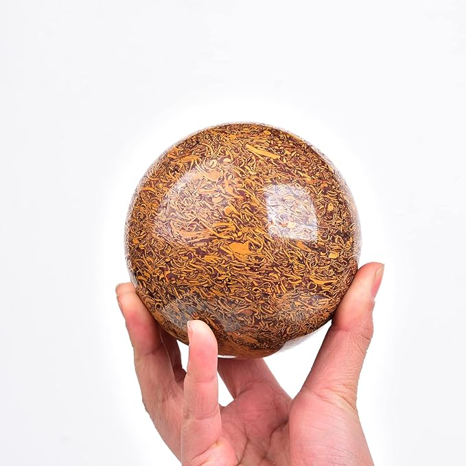 JIC Gem Real Natural Large Crystal Sphere Ball with Wooden Stand for Fengshui Golden Jade Healing Crystal Ball Decoation Meditation Energy Reiki Ball (100-110mm), 4-4.5inch