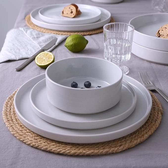 Famiware Nebula Dinnerware Set with Pasta Bowls, Service for 4 (16pcs), Fine Stoneware Plates and Bowls Sets, Microwave and Dishwasher Safe Dishes Set, Light Gray