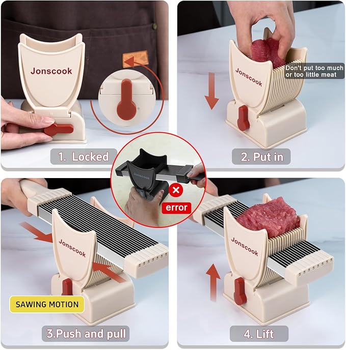 Fresh Meat Slicer, Manual Fresh Meat Cutter, Meal Prep Ideas, Adjustable Thickness 2mm or 4mm, 17 Blades get 18 Meat Slices, Meat Cleavers can be Sliced, Striped, Diced -Pink