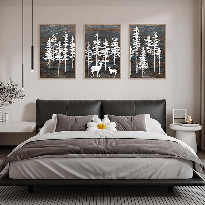 Modern White Forest Framed Canvas Wall Art Set, Minimalist Woodland Art Painting, Retro Tree Landscape Wall Decor, Wildland Deer Artwork for Living Room, Dining Room, Office - 16"x24"x3