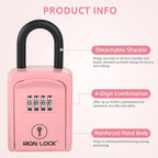Iron Lock® Small Portable Key Lock Box with Code, U-Shackle (Small, Pink) | U-shackle opens fully out to loop over a handle, gate, latch or rail; rolling combination dials, no app, no battery