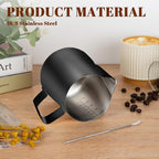 Amrules Milk Frothing Pitcher, 20oz Milk Frother Cup with Clear Scale, 304 Stainless Steel Cappuccino Espresso Machine Accessories for Barista Coffee Bar with Latte Art Pen, Black