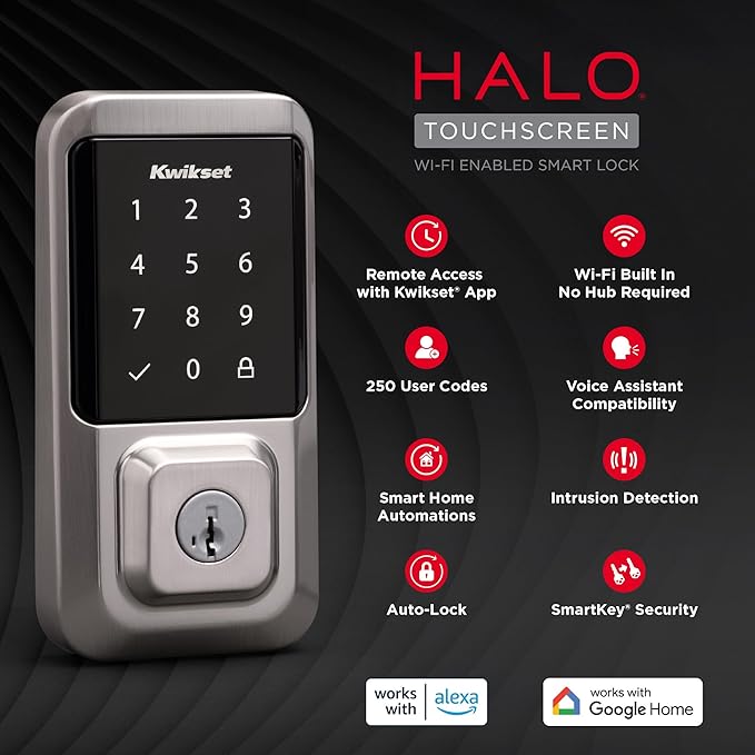 Kwikset Halo Wi-Fi Smart Lock, Keyless Entry Door Deadbolt, Geofence Auto-Unlock, Grade AAA Certified, No Hub Easy Install, Satin Nickel Lifetime Finish Warranty, Touchscreen
