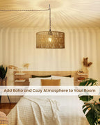 12.6 Inch Boho Hanging Light with Plug in Cord Rattan Hanging Lamp Hand Woven Rattan Wall Lightfor Bedroom, Living Room, Kitchen, Nursery, E26 Base, Indoor,Without Bulb