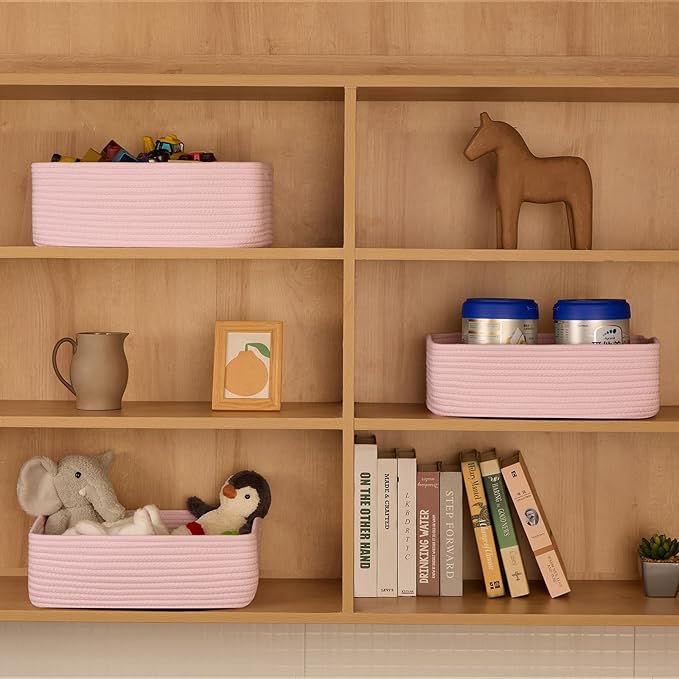 Large Shallow Organizing Baskets 15x11x5.1 Inches - Rope Woven Storage Bins for Bathroom, Shelves, Cube Closet, Light Pink 2 Packs