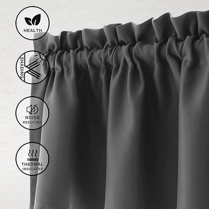Hiasan Valance Curtains for Kitchen Blackout Thermal Insulated Solid Window Curtain Valance, Dark Grey, 52 x 18 Inches, 1 Panel