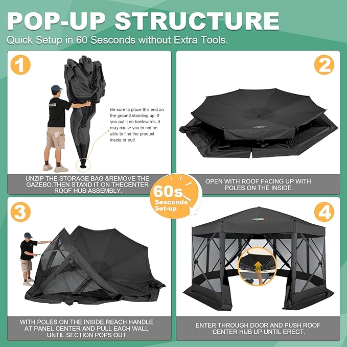 COBIZI 15x15ft Extra Large Pop-Up Gazebo Canopy Tent with Mosquito Netting, Spacious Easy Set-Up Screened Shelter, Durable Outdoor Pavilion with Ground Stakes, Perfect for Patio, Backyard,Black