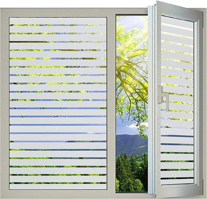 Window Privacy Film with Installation Tools, Stripe Window Film, Static Cling, Anti UV, Heat Control, Ideal for Home Shower Office Glass Door (Stripes Pattern, 45.2X314.9Inch)