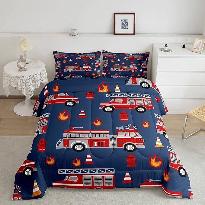 Cartoon Car Bedding Set Fire Truck Comforter Set for Kids Boys Girls Teens Room Decor Firefighter Comforter Firemen Car Vehicle Fire Engine Blue Red Duvet Set 3Pcs King Size Boys
