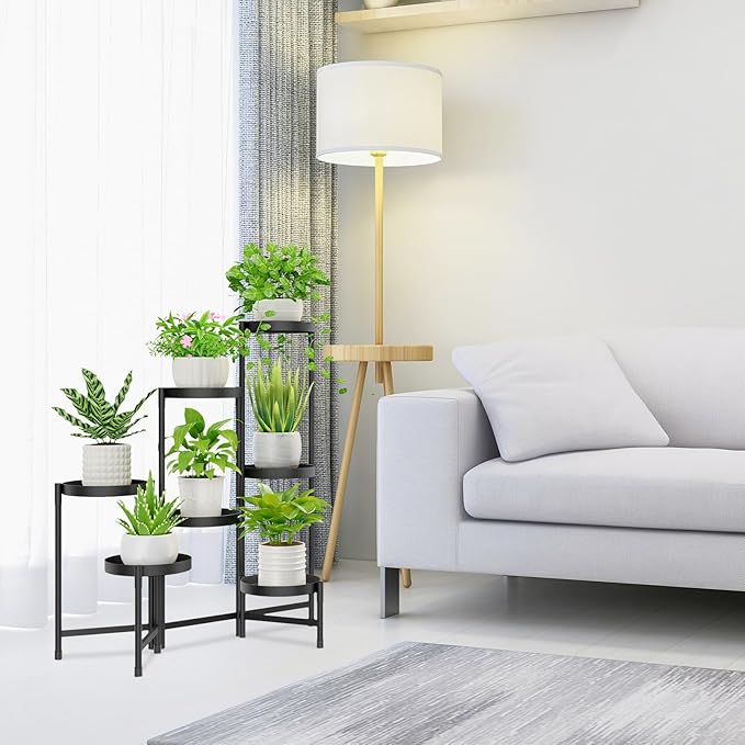 iDavosic.ly Plant Stand Indoor Outdoor, 7 Tier Corner Metal Flower Display Holder Shelf, Folding Tall Orchid Rack for Patio Balcony Porch Garden Living Room House, Black