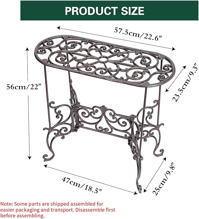 Sungmor Heavy Duty Cast Iron Potted Plant Stand Garden Table - 22.6IN. 1 Tier Metal Stands - Decorative & Vintage Style Indoor Outdoor Corner Shelf for Planters Vases Lanterns Ornaments Books and More