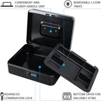 KYODOLED Large Cash Box with Combination Lock Safe Metal Money Box with Money Tray for Security Lock Box 9.84"x 7.87"x 3.54" Black