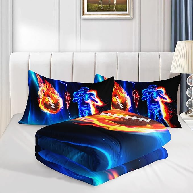 Axolotl Football Comforter Twin,Cool Blue Football Bedding Sports Theme Comforter Set for Boys,3D Rugby Sports Bedding Set Football Player On Fire for Boys Kids Teens,1 Quilt 2 Pillowcases,Black Blue