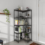 Bookshelf 5 Tier Deformable Corner Bookcase Free Standing Modern Industrial Book Storage Display Book Shelf for Bedroom Living Room Study Room Office (Dark Grey)