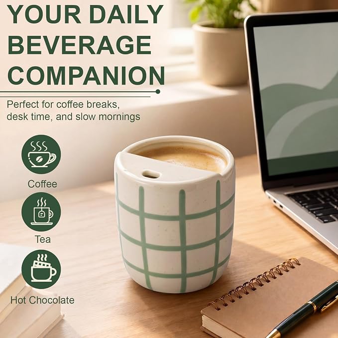 Ceramic Coffee Mug with Sip Hole 10 oz Novelty Checkered Coffee Cup Retro Hand Painted Ceramic Tea Travel Mug Cappuccino Latte Cup for Kitchen Dining Travel, Microwave & Dishwasher Safe