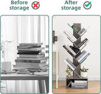Yoobure Tree Bookshelf - 6 Shelf Retro Floor Standing Bookcase, Tall Wood Book Storage Rack for CDs/Movies/Books, Utility Book Organizer Shelves for Bedroom, Living Room, Home Office, Grey