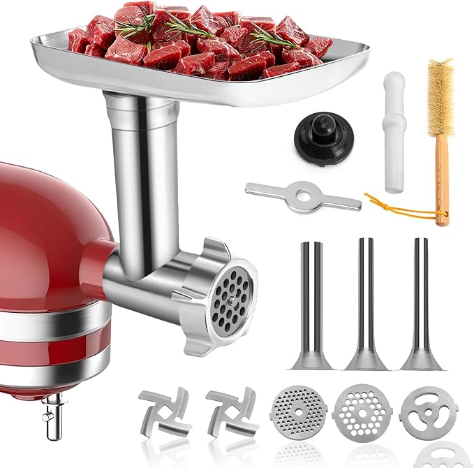 Meat Grinder Attachment for KitchenAid Stand Mixer – Metal Food Grinder with 4 Grinding Plates, 3 Sausage Stuffer Tubes & 2 Blades – Compatible with KitchenAid Mixers (Mixer Not Included)